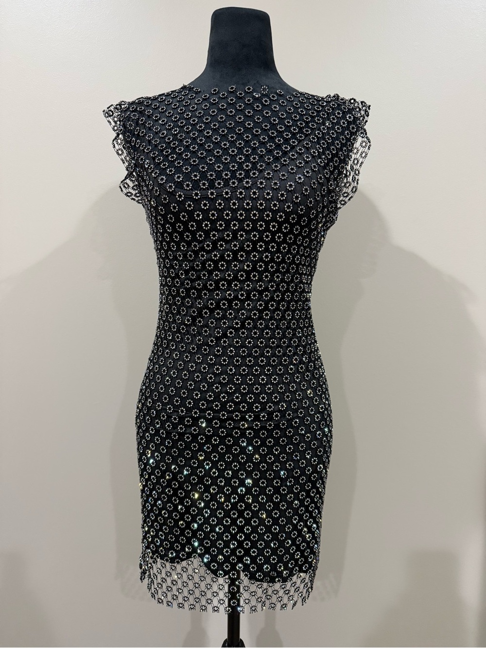 House of Harlow 1960 Black Rhinestone Mesh Floral Overlay Mini Dress
